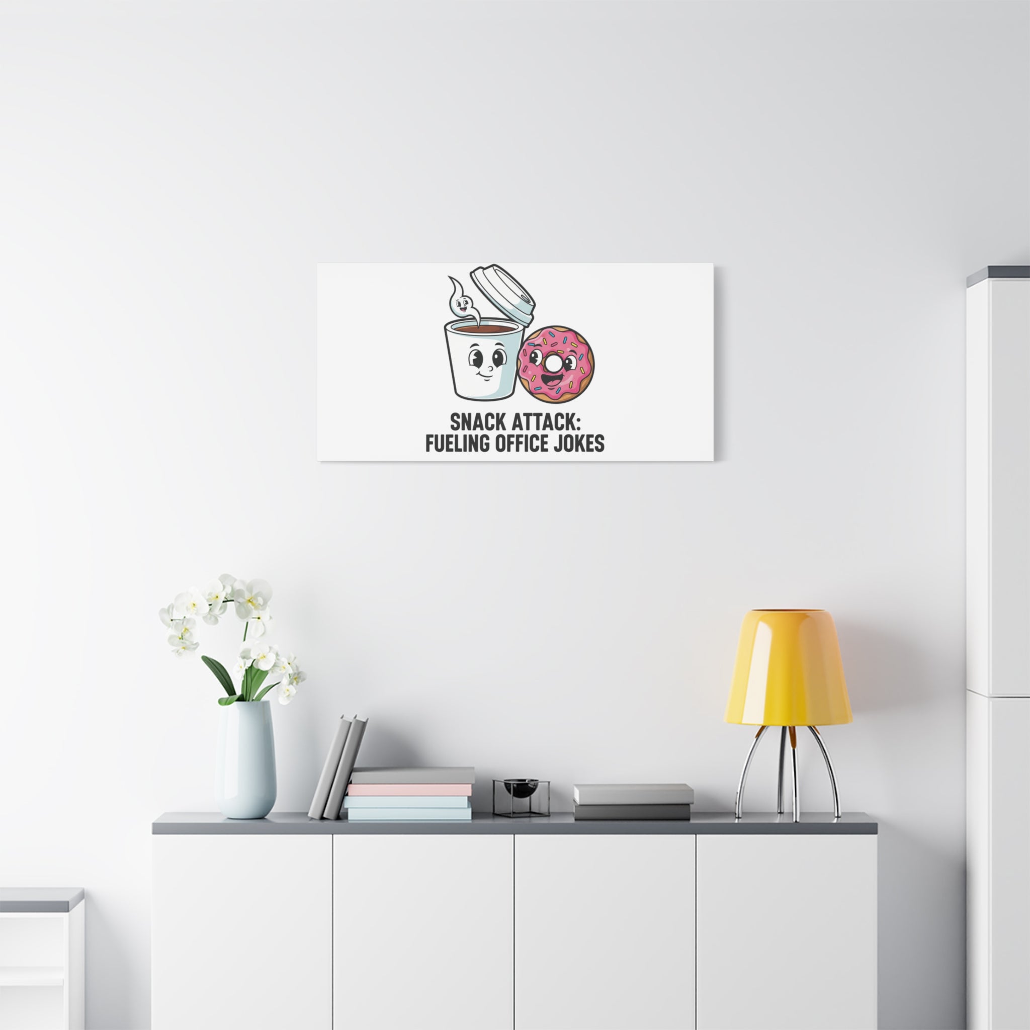 Snack Attack: Fueling Office Jokes Canvas | office humor, coffee fuel