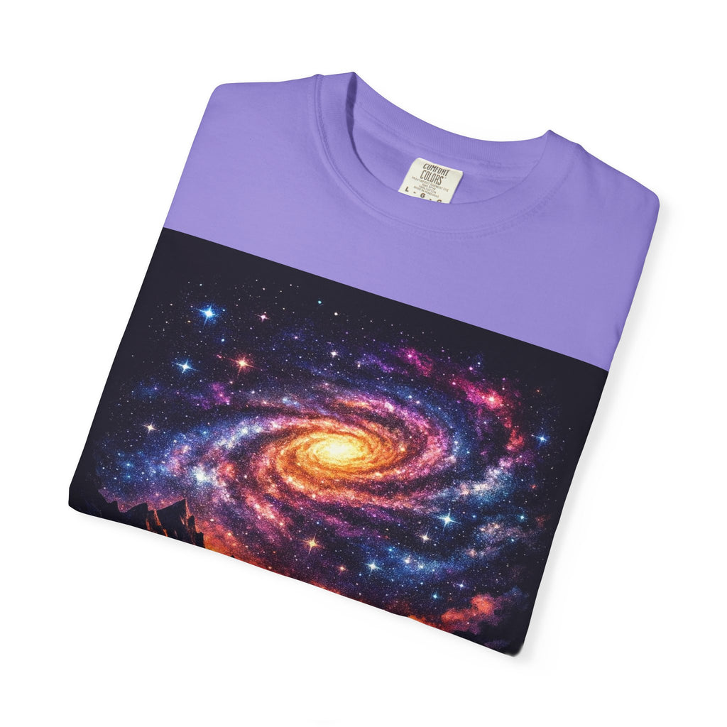 Cosmic Spiral Galaxy Over Mountain Silhouettes