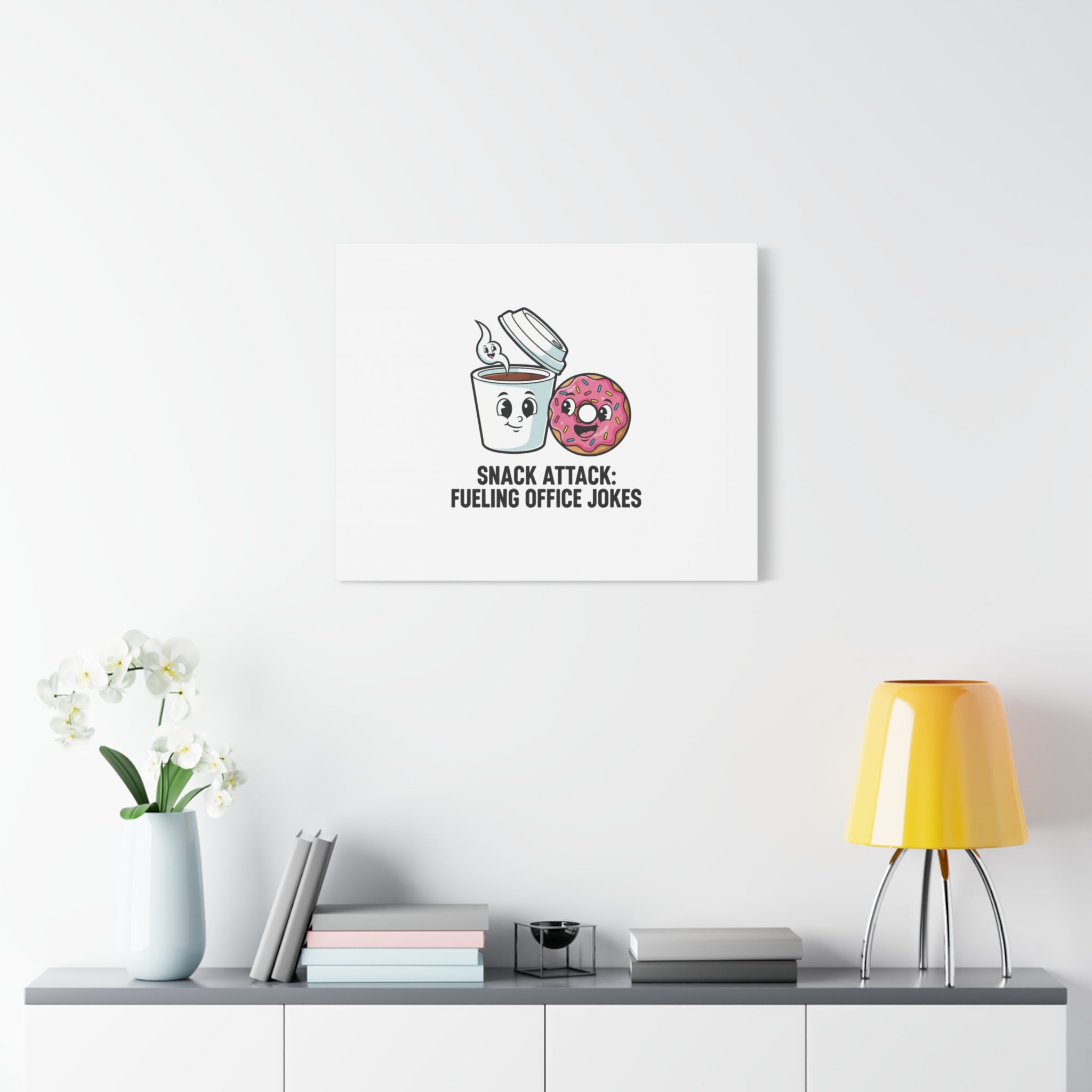 Snack Attack: Fueling Office Jokes Canvas | office humor, coffee fuel