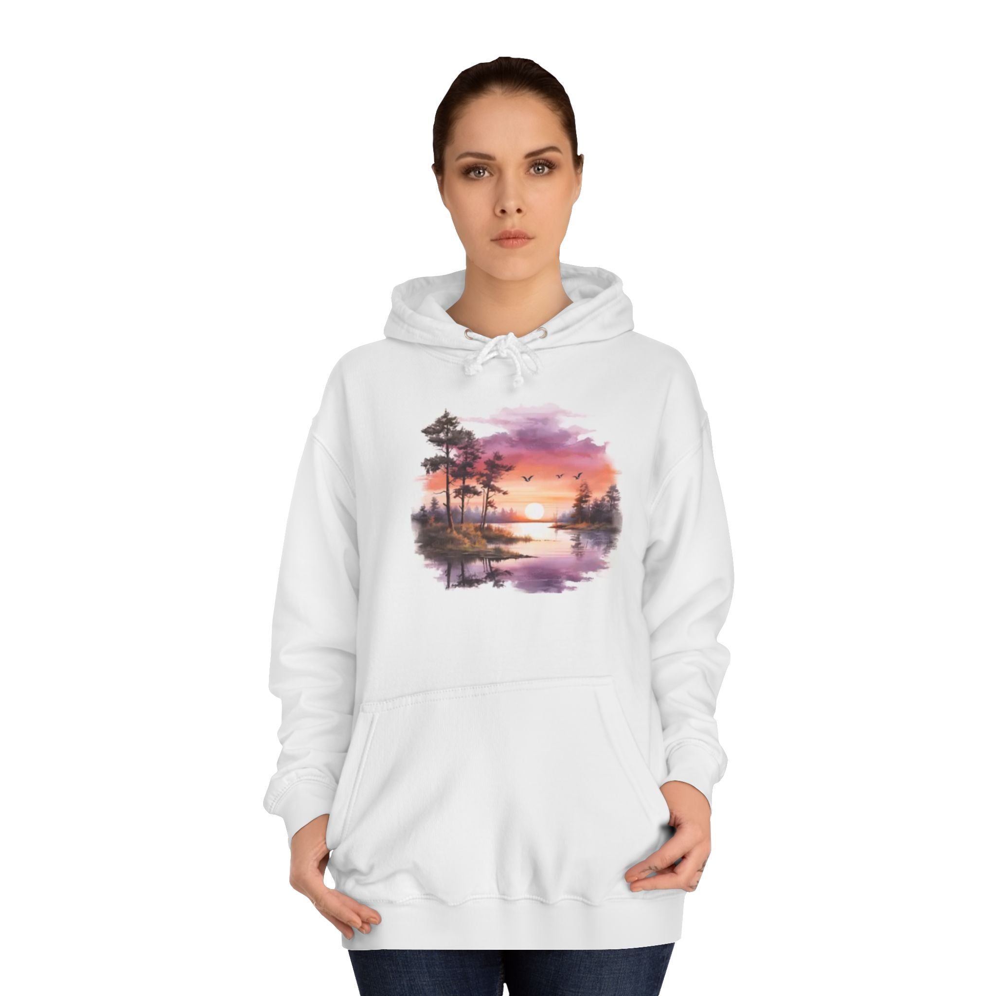 Sunset Lake Hoodie – Watercolor Nature Sweatshirt
