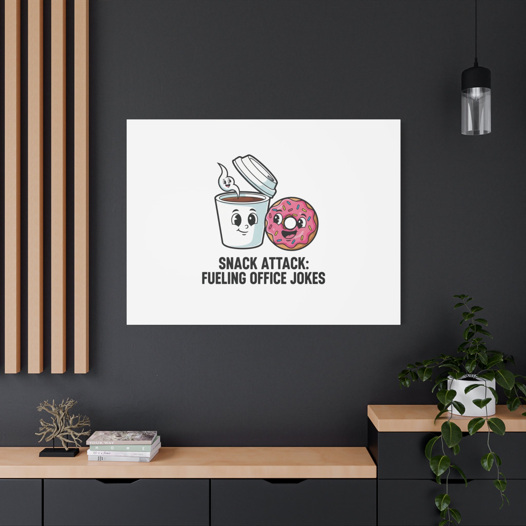 Snack Attack: Fueling Office Jokes Canvas | office humor, coffee fuel