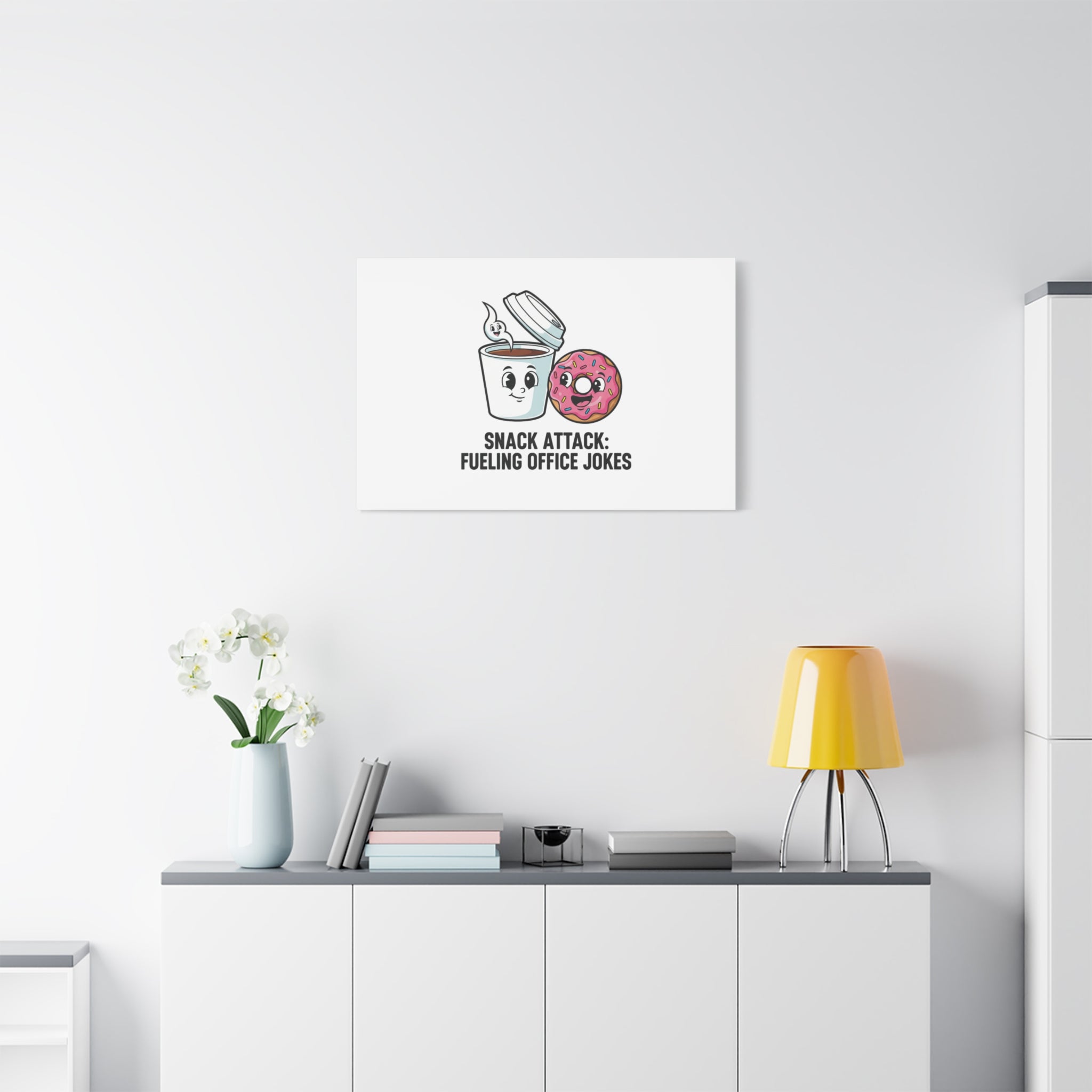 Snack Attack: Fueling Office Jokes Canvas | office humor, coffee fuel