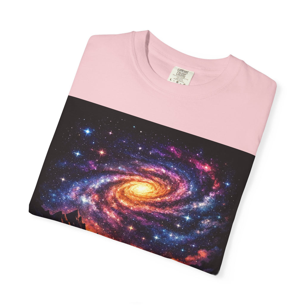 Cosmic Spiral Galaxy Over Mountain Silhouettes