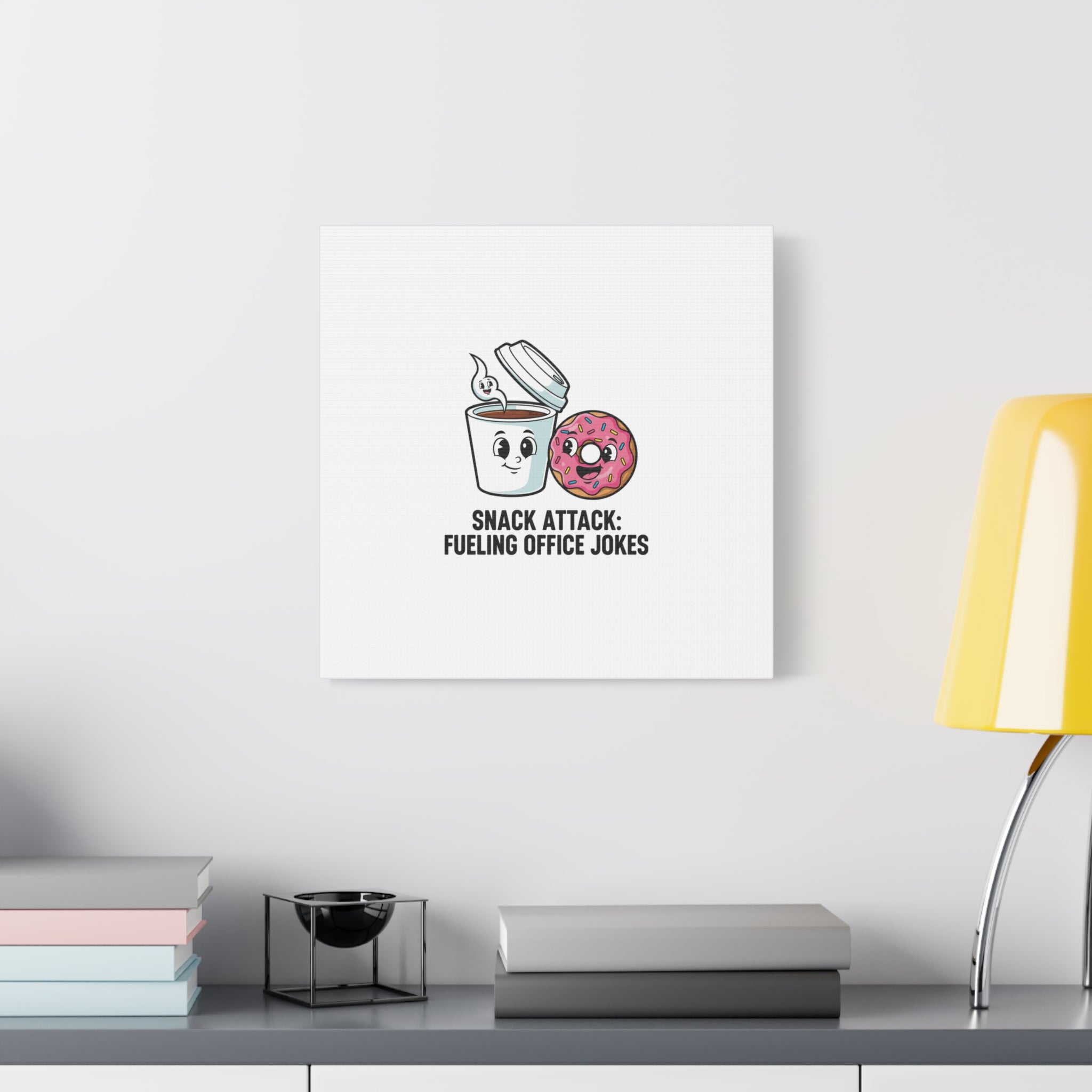 Snack Attack: Fueling Office Jokes Canvas | office humor, coffee fuel