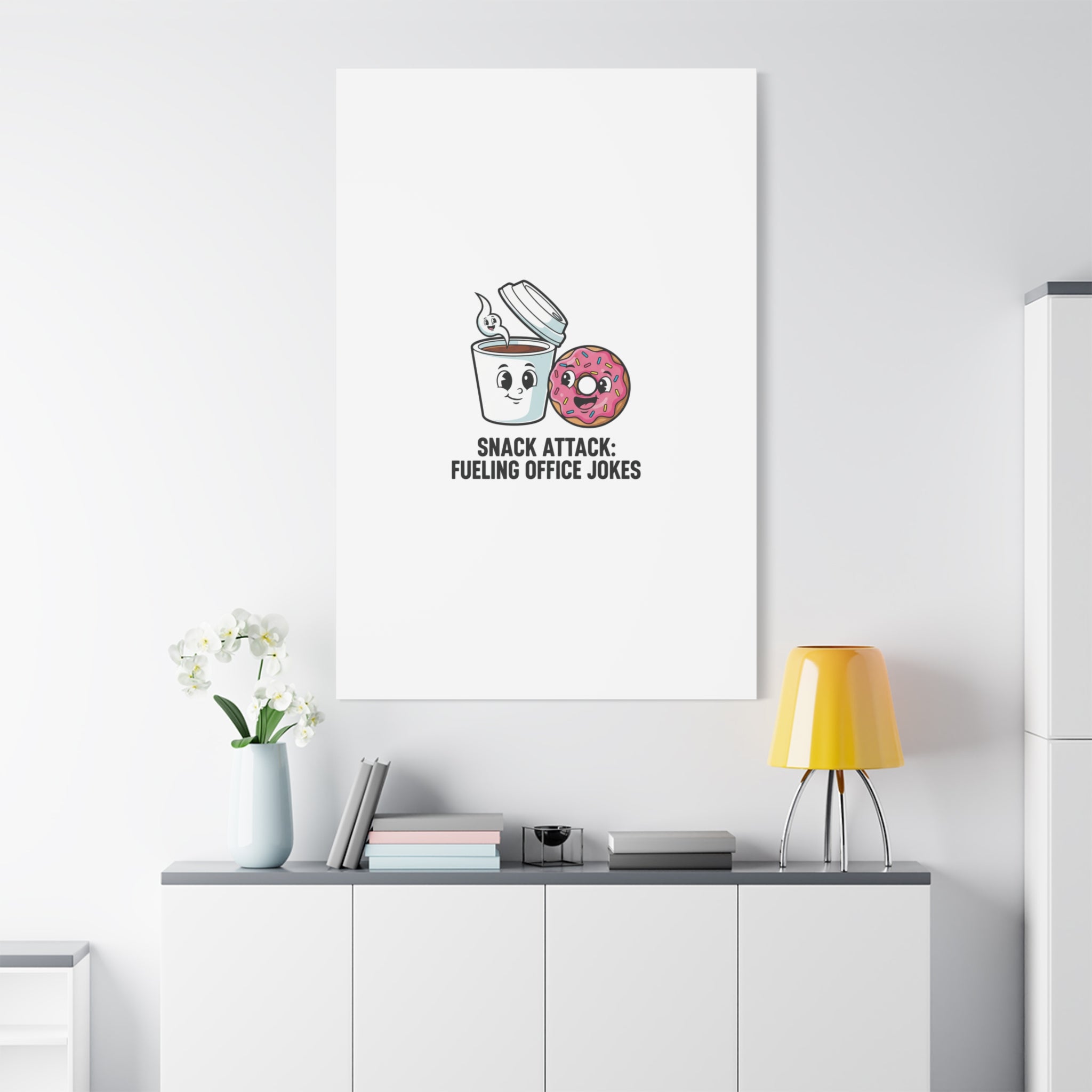 Snack Attack: Fueling Office Jokes Canvas | office humor, coffee fuel