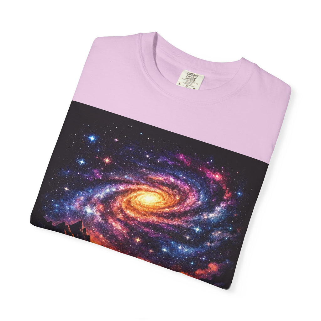 Cosmic Spiral Galaxy Over Mountain Silhouettes