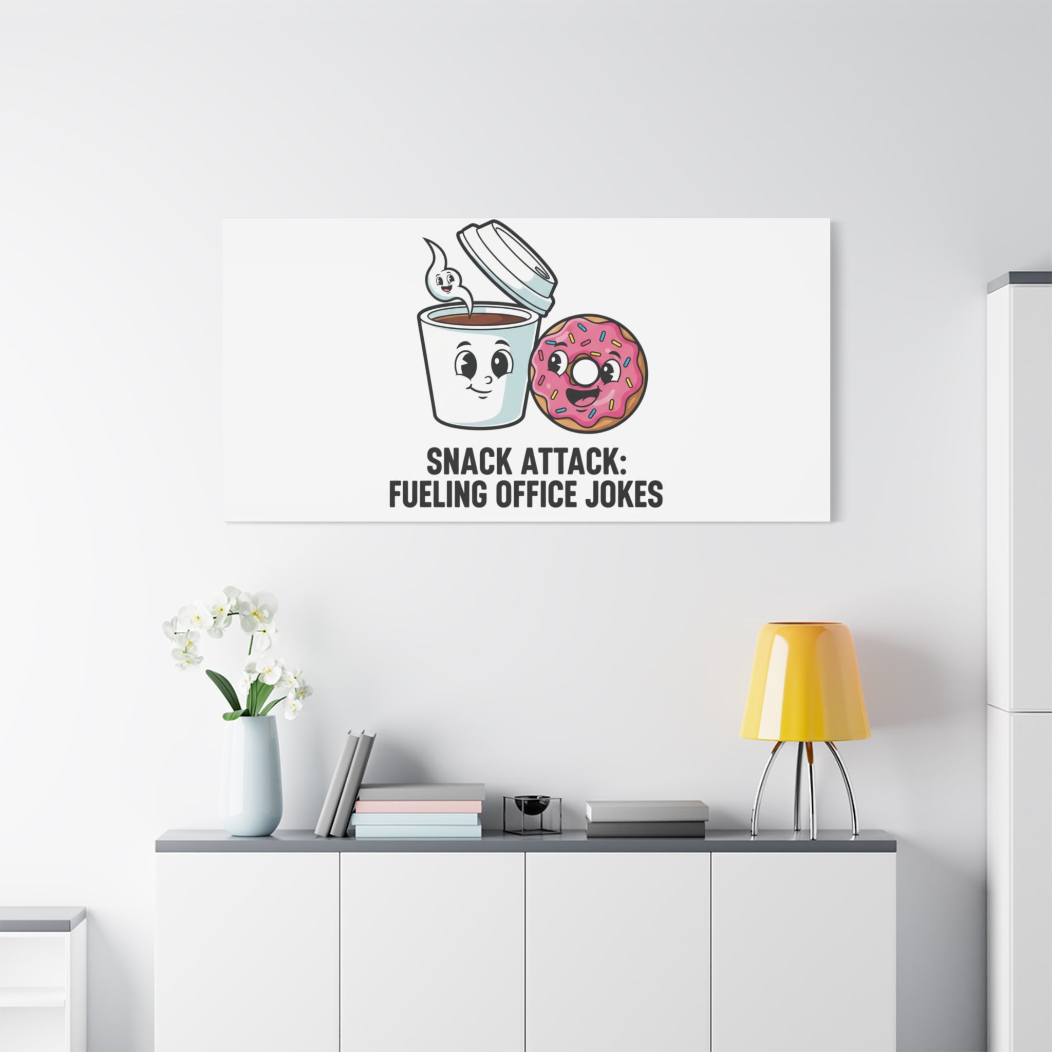 Snack Attack: Fueling Office Jokes Canvas | office humor, coffee fuel