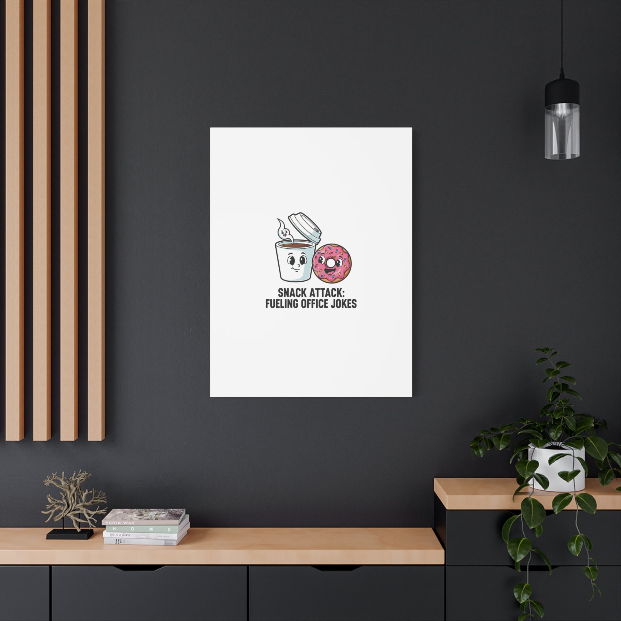 Snack Attack: Fueling Office Jokes Canvas | office humor, coffee fuel