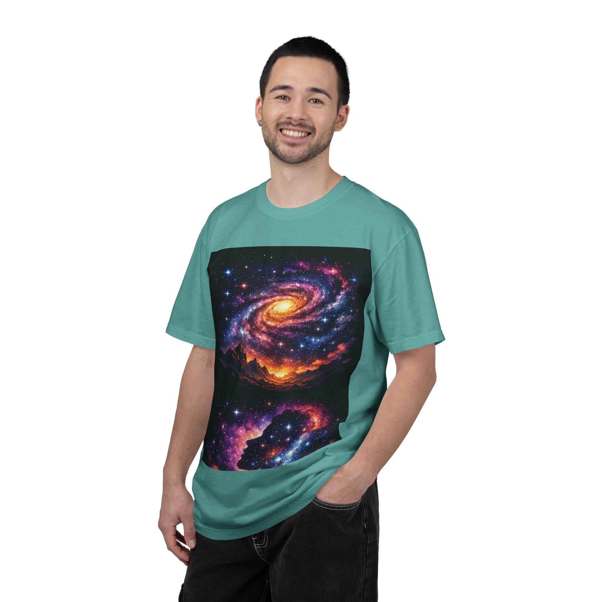 Cosmic Spiral Galaxy Over Mountain Silhouettes