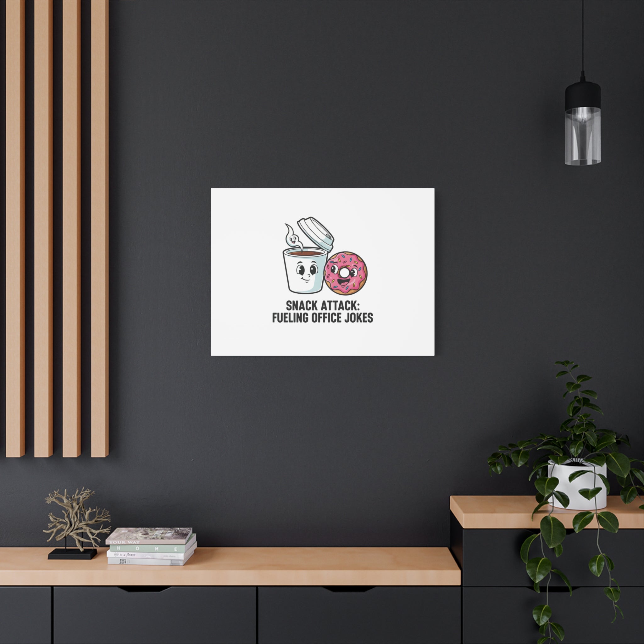 Snack Attack: Fueling Office Jokes Canvas | office humor, coffee fuel