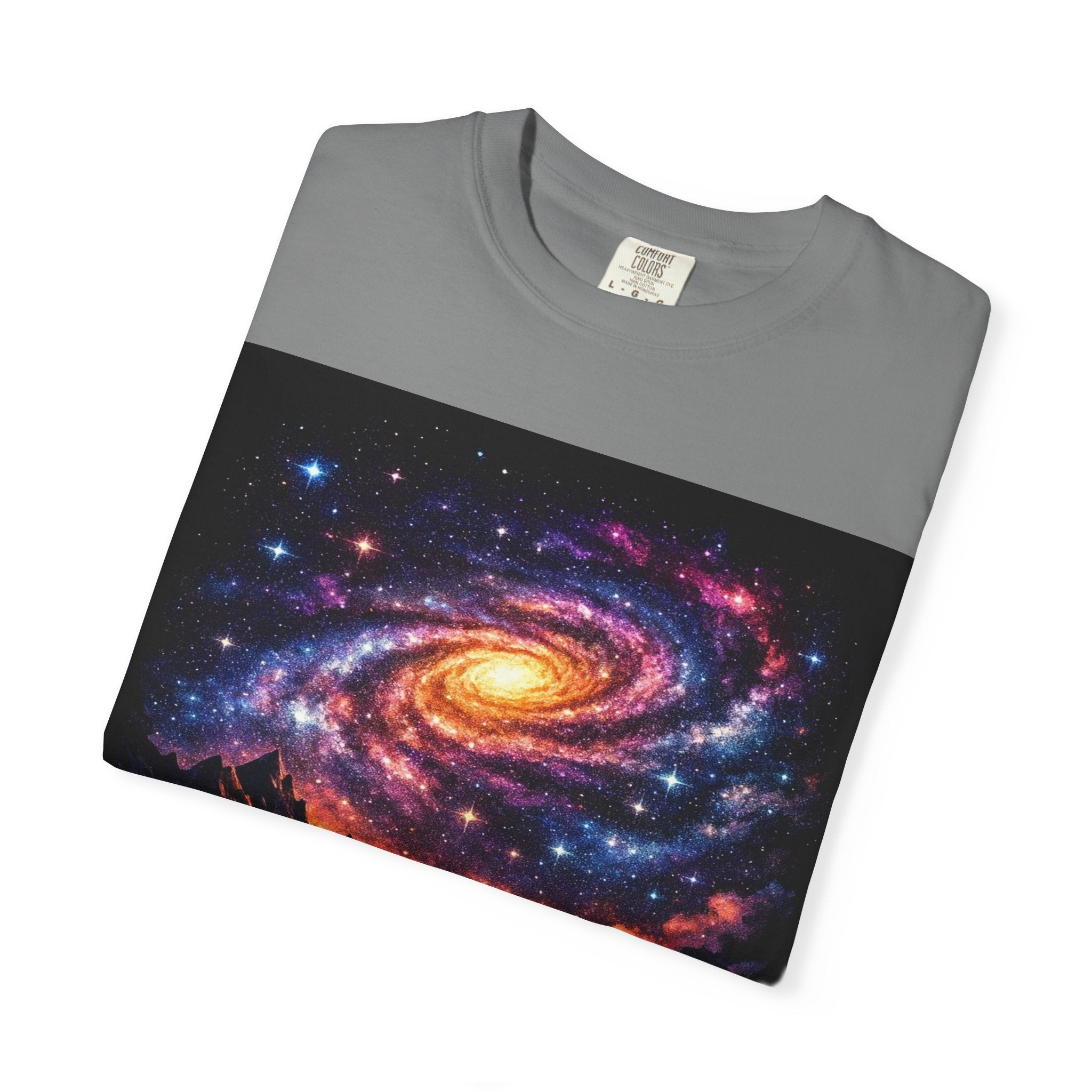 Cosmic Spiral Galaxy Over Mountain Silhouettes