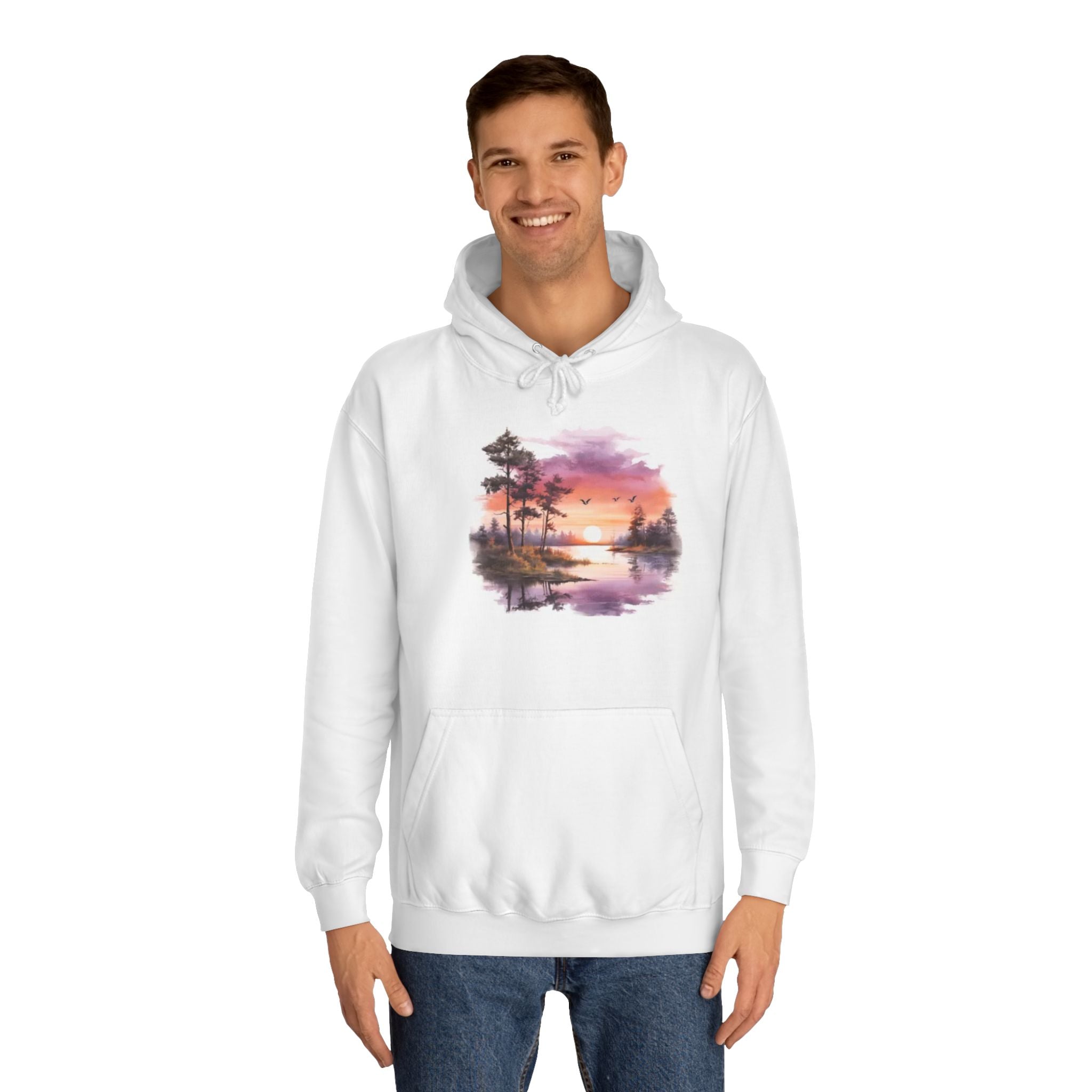 Sunset Lake Hoodie – Watercolor Nature Sweatshirt