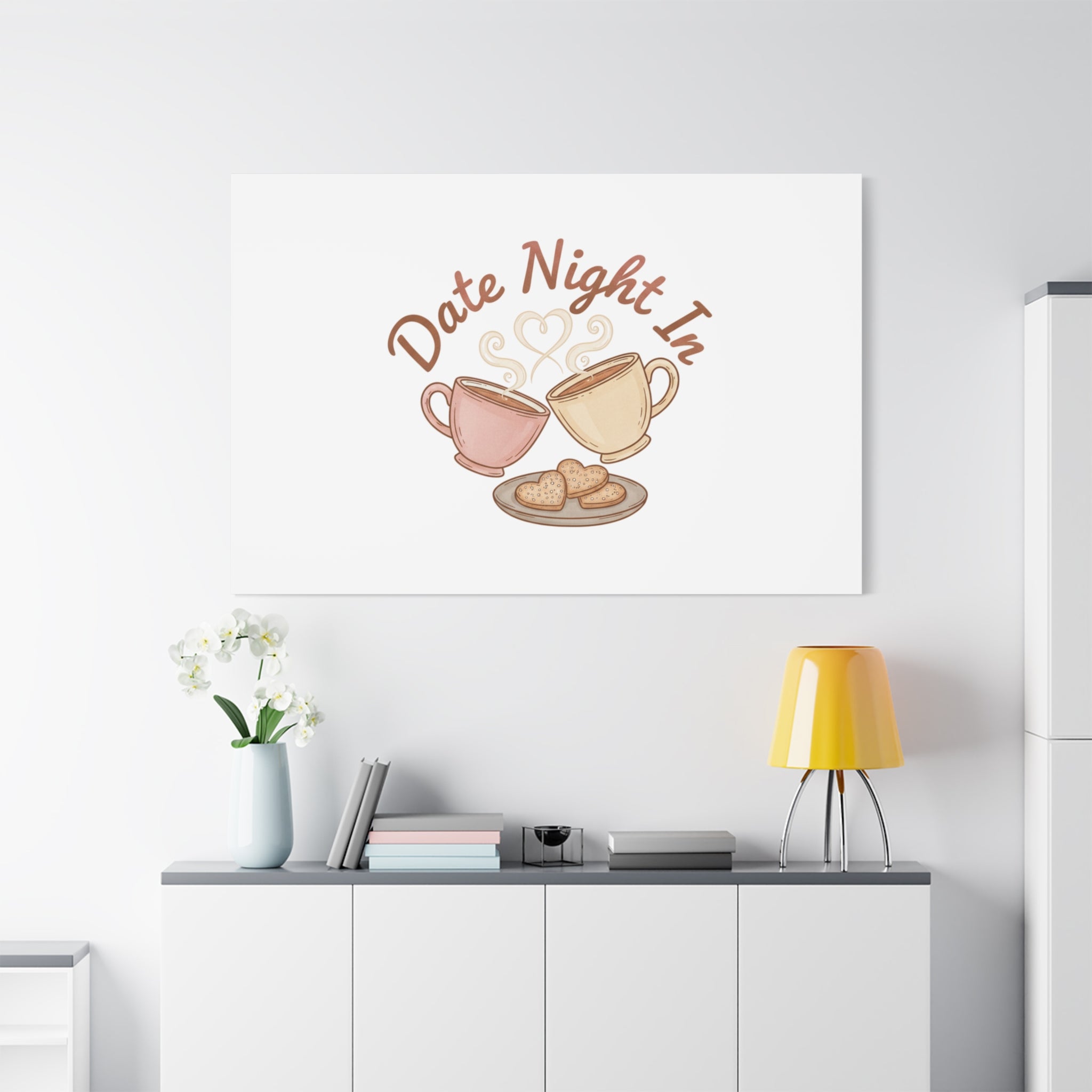 Date Night In Canvas, cozy couple, candlelit snuggle wall art