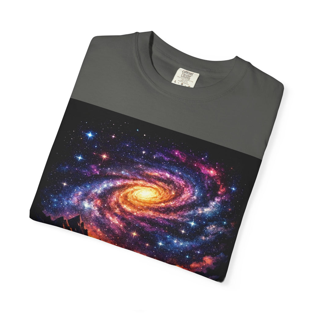 Cosmic Spiral Galaxy Over Mountain Silhouettes