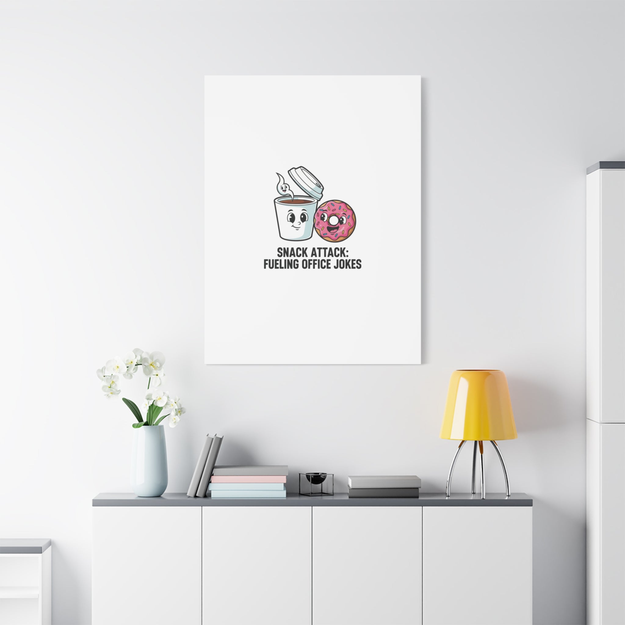 Snack Attack: Fueling Office Jokes Canvas | office humor, coffee fuel