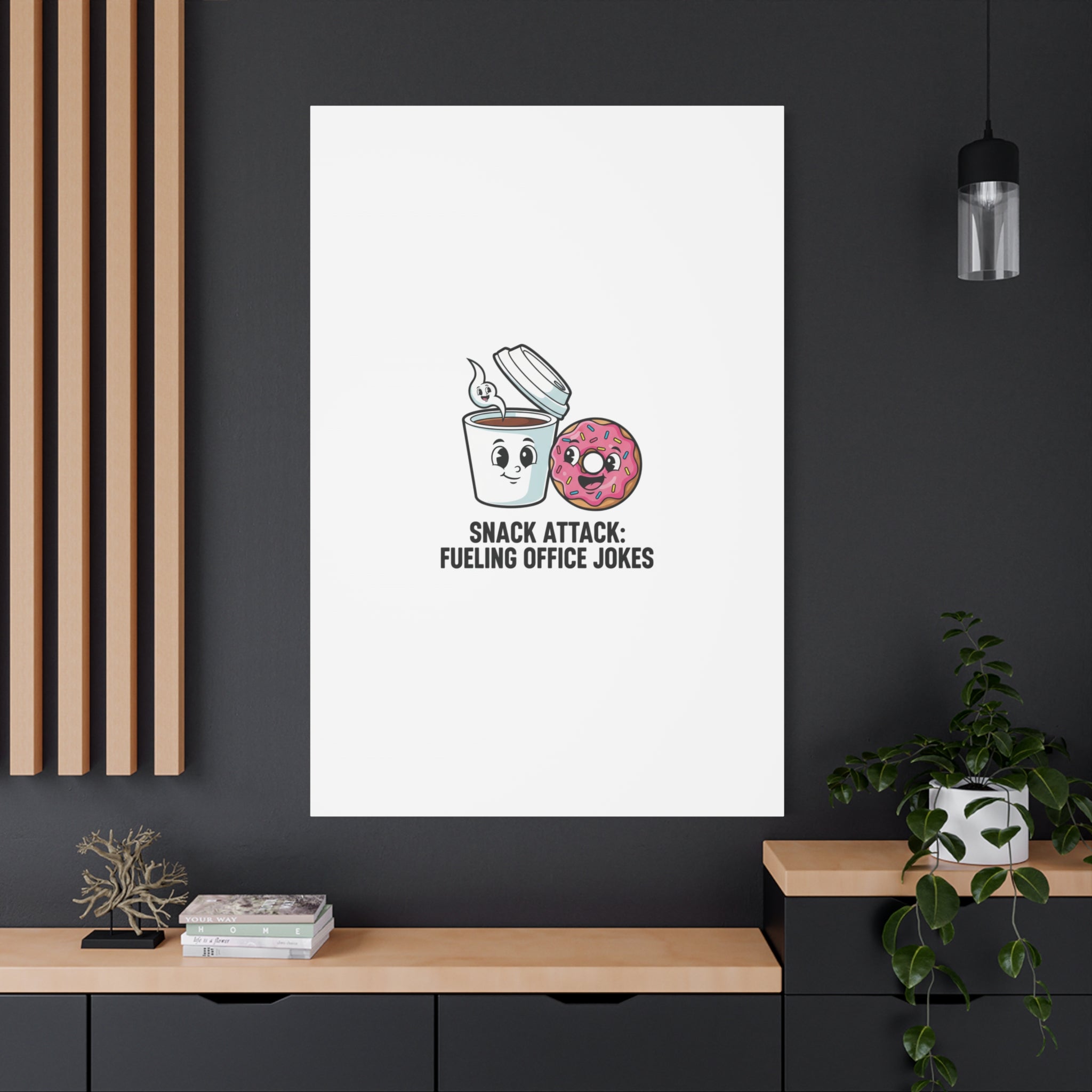 Snack Attack: Fueling Office Jokes Canvas | office humor, coffee fuel