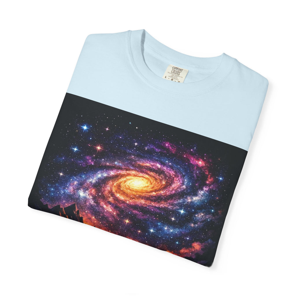 Cosmic Spiral Galaxy Over Mountain Silhouettes