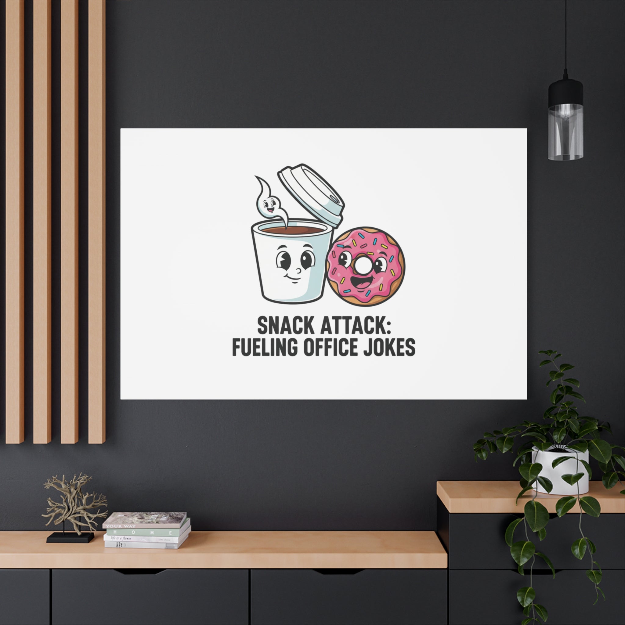 Snack Attack: Fueling Office Jokes Canvas | office humor, coffee fuel