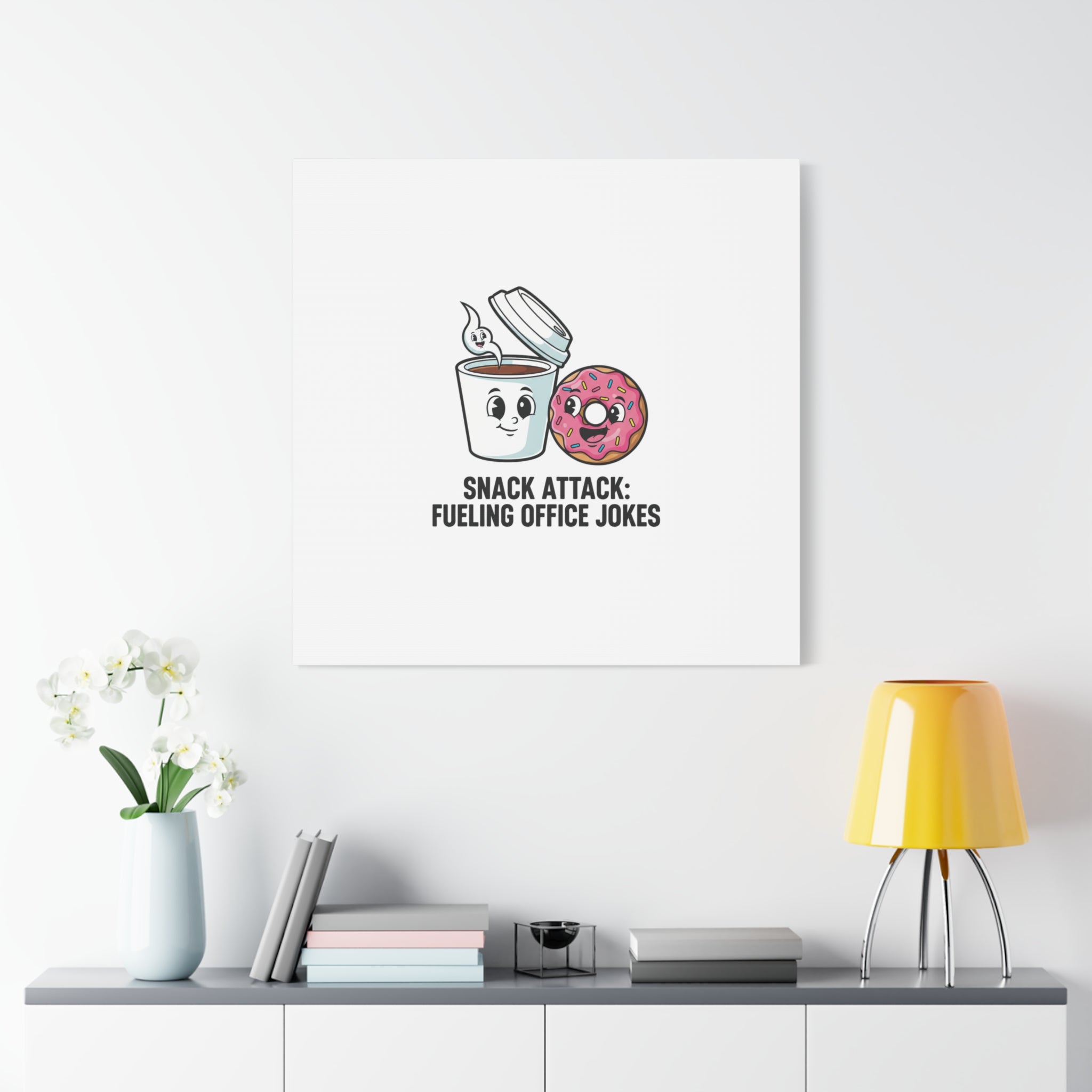 Snack Attack: Fueling Office Jokes Canvas | office humor, coffee fuel
