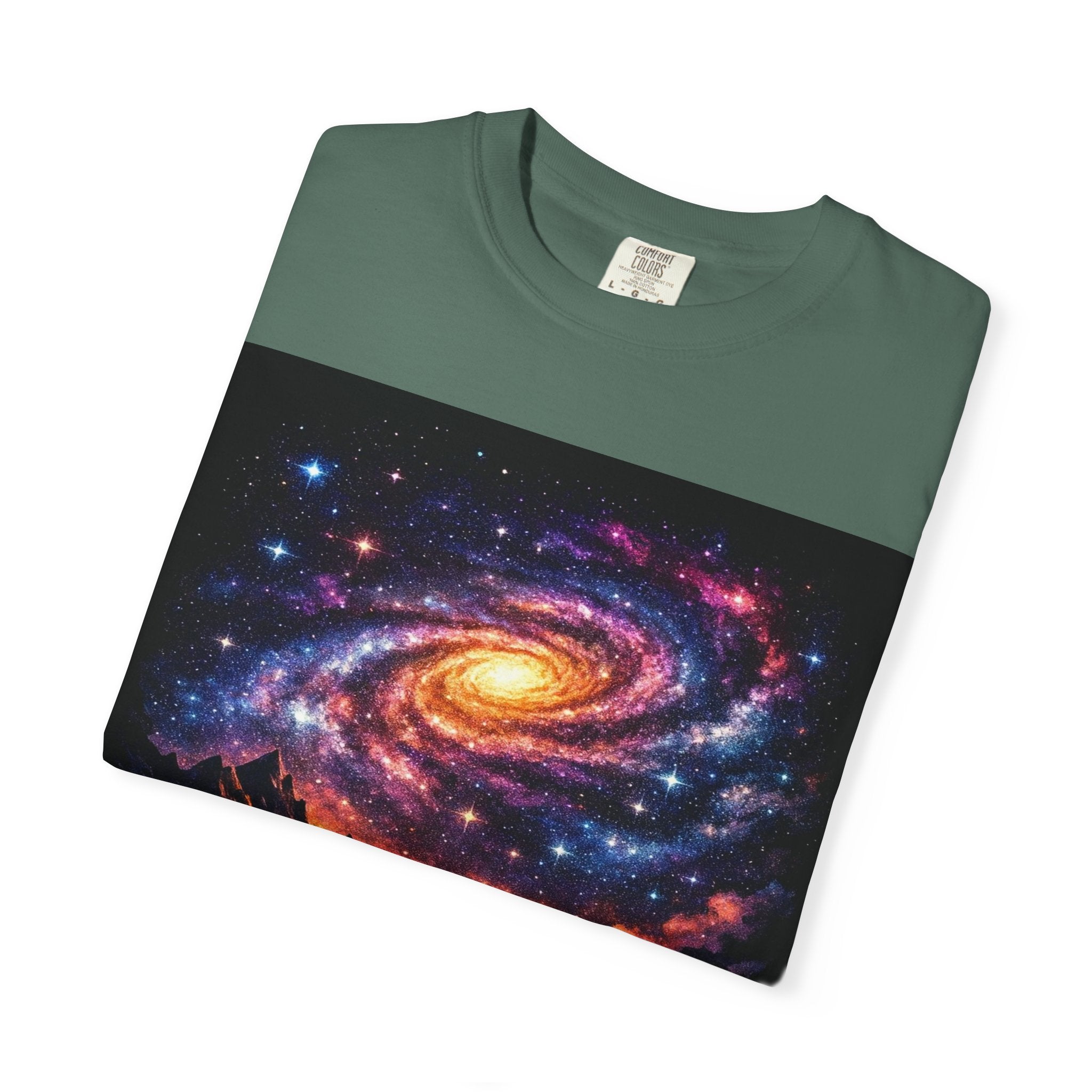 Cosmic Spiral Galaxy Over Mountain Silhouettes