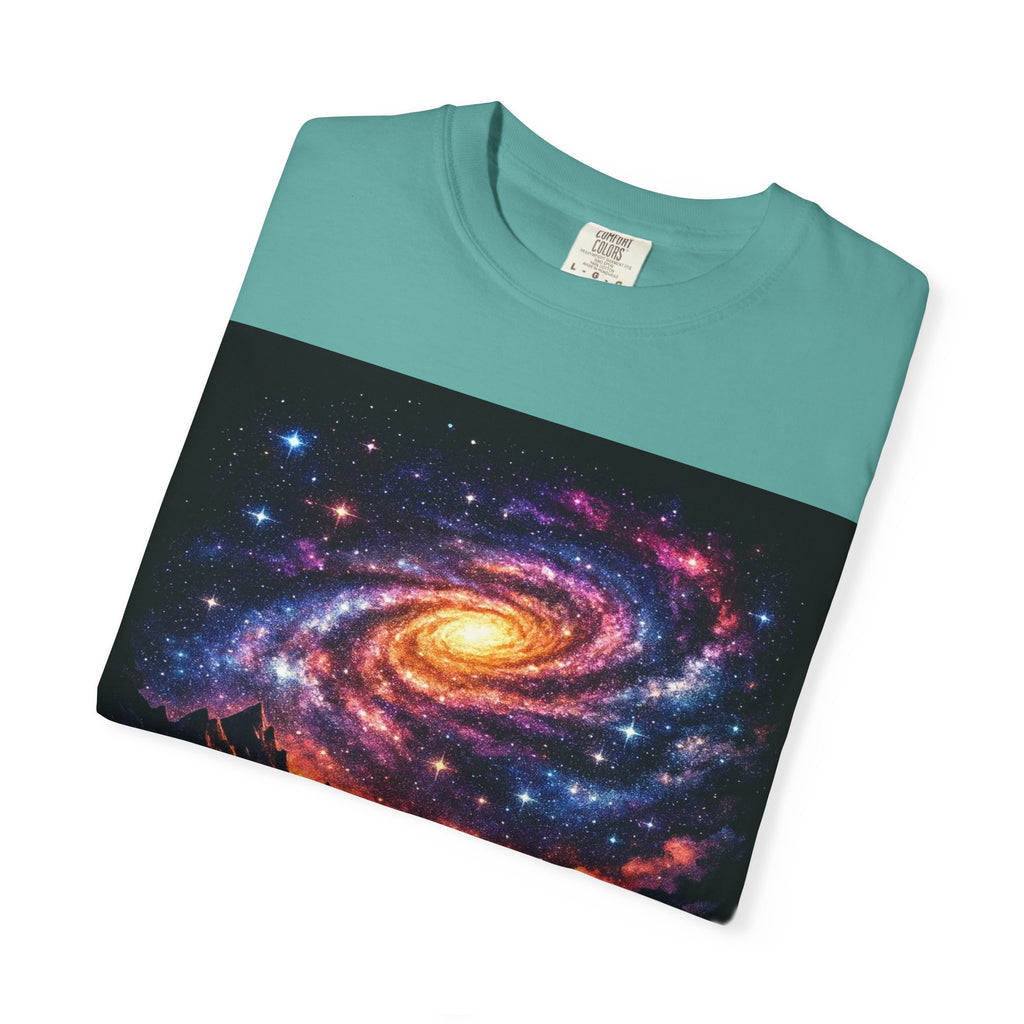 Cosmic Spiral Galaxy Over Mountain Silhouettes