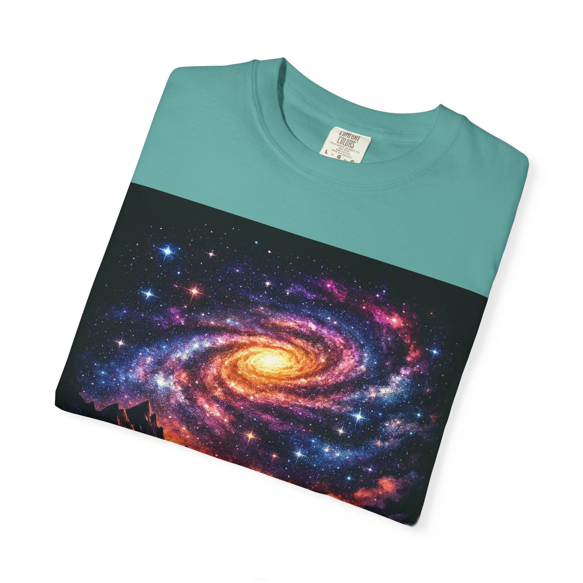 Cosmic Spiral Galaxy Over Mountain Silhouettes