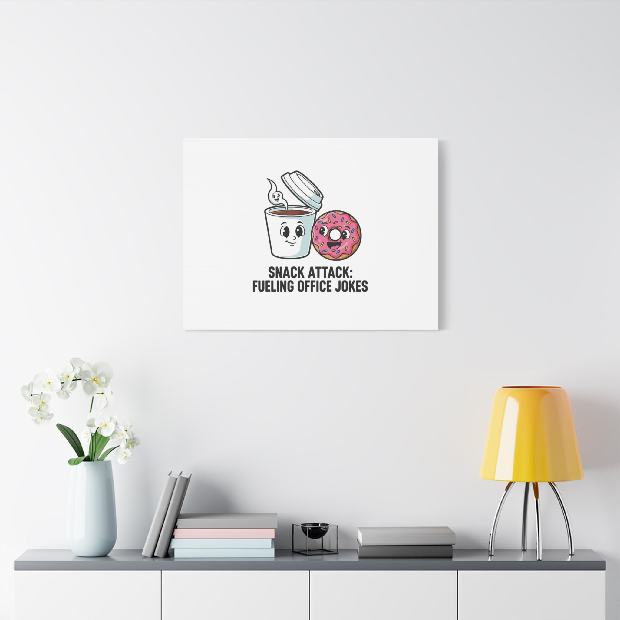Snack Attack: Fueling Office Jokes Canvas | office humor, coffee fuel