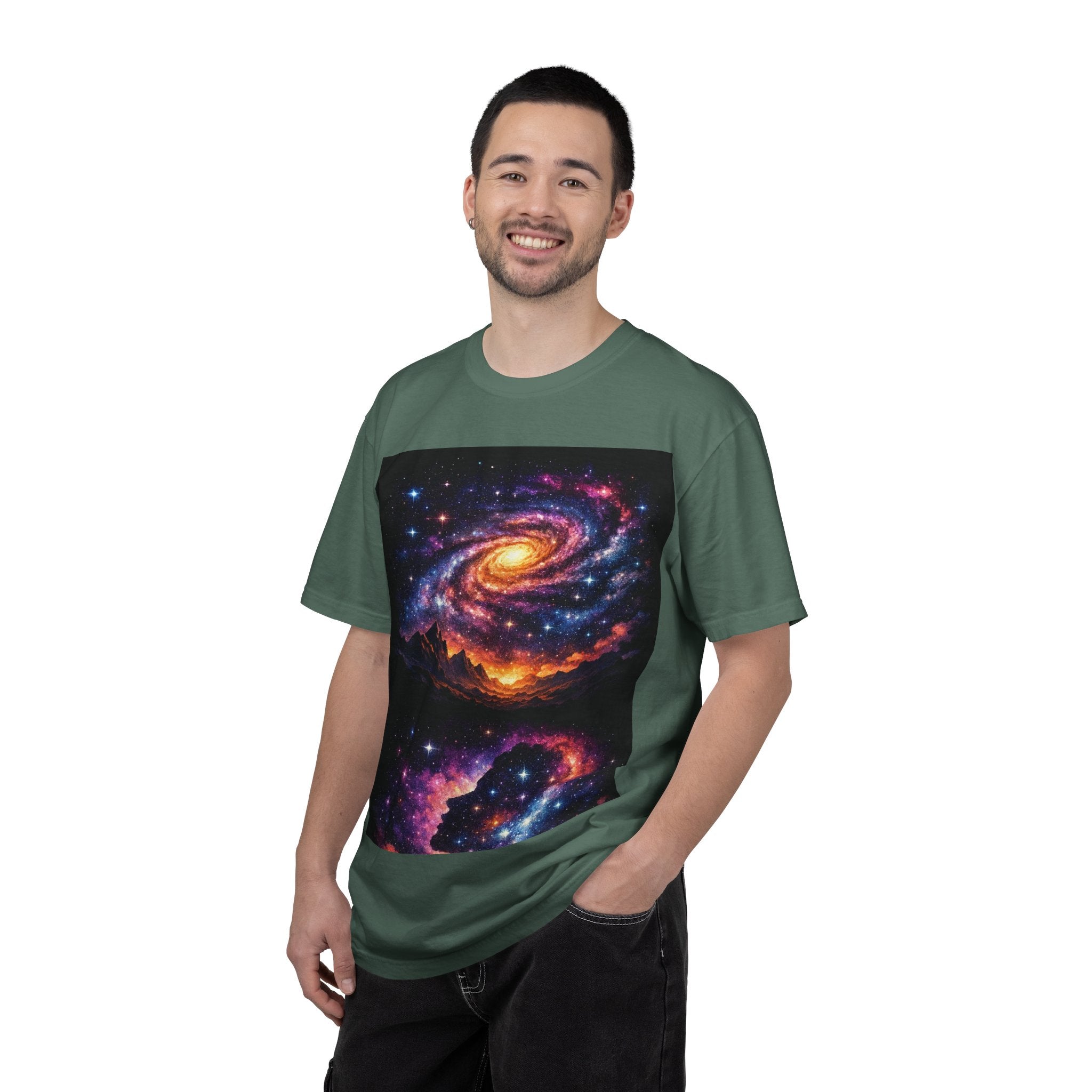 Cosmic Spiral Galaxy Over Mountain Silhouettes