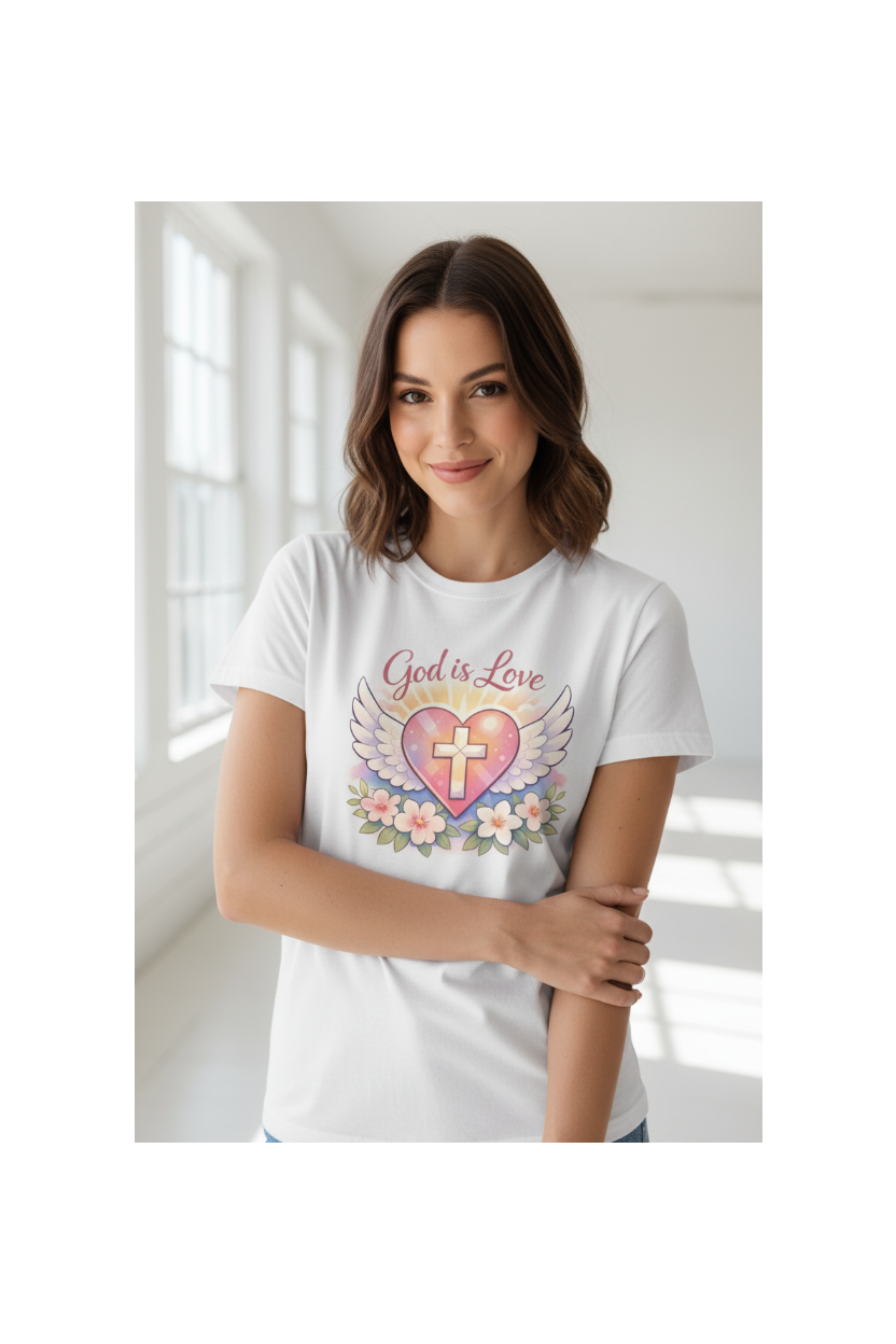 Female model wearing God is Love white t-shirt