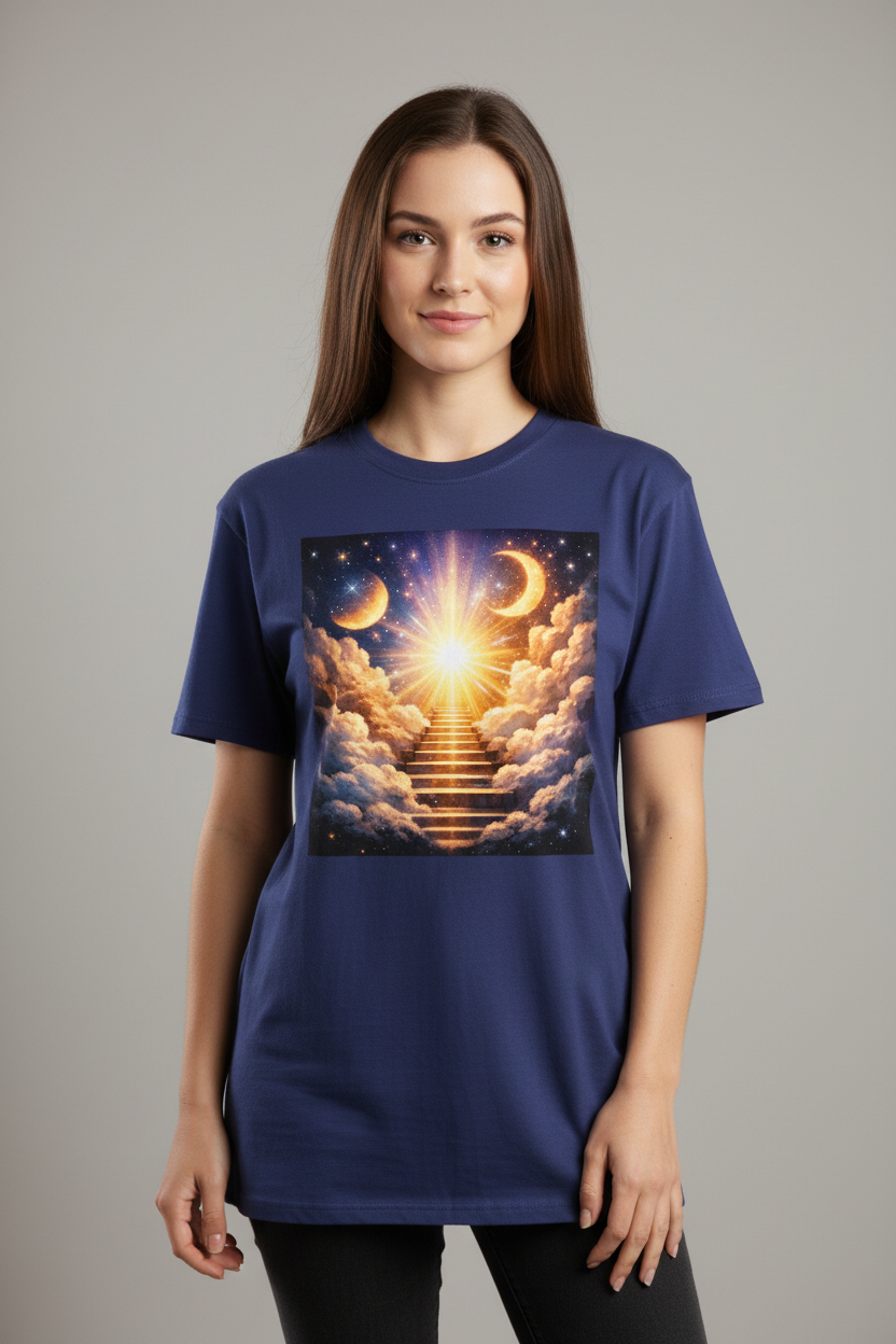 Woman wearing stairway to heaven spiritual t-shirt