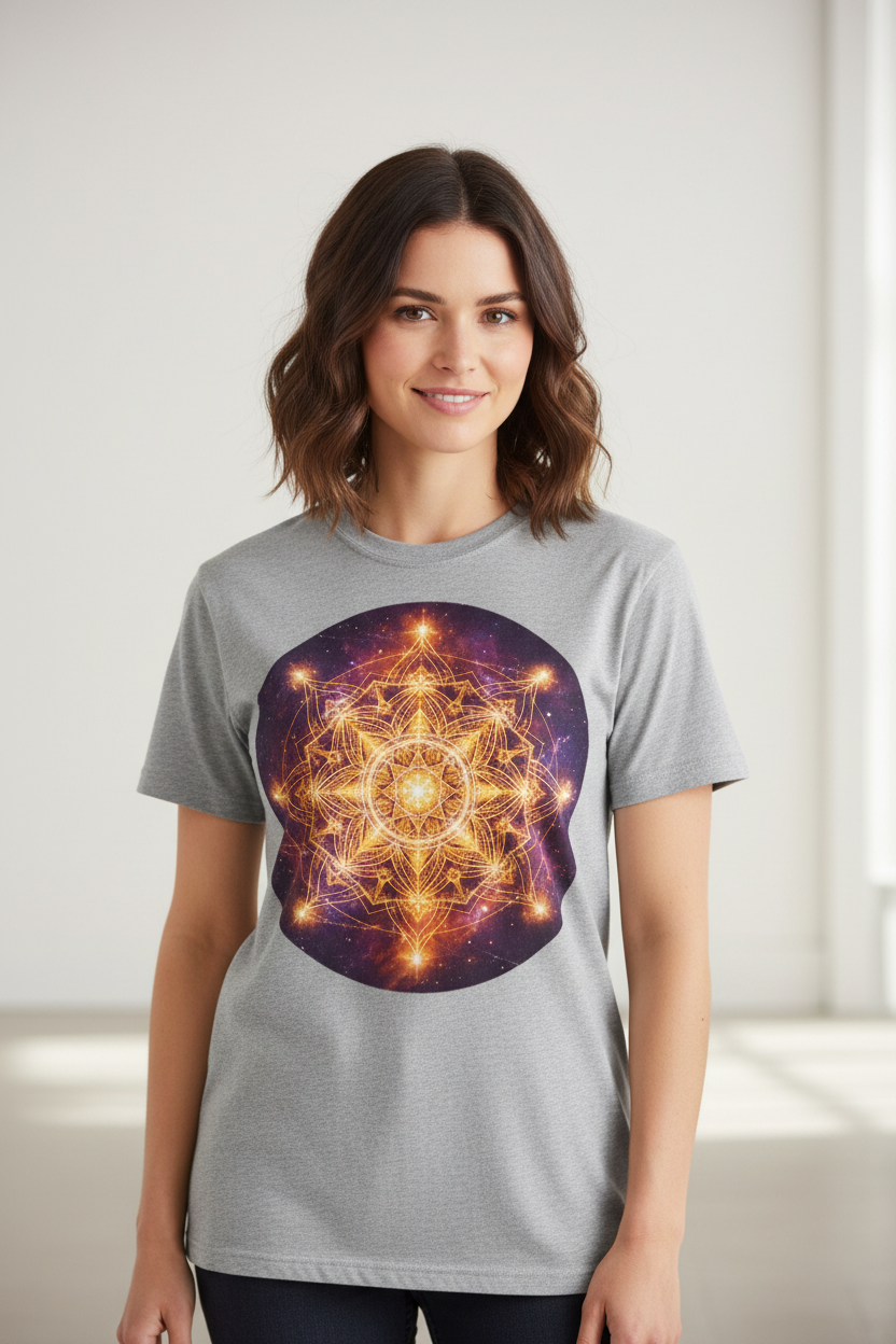 Woman wearing sacred mandala geometry t-shirt