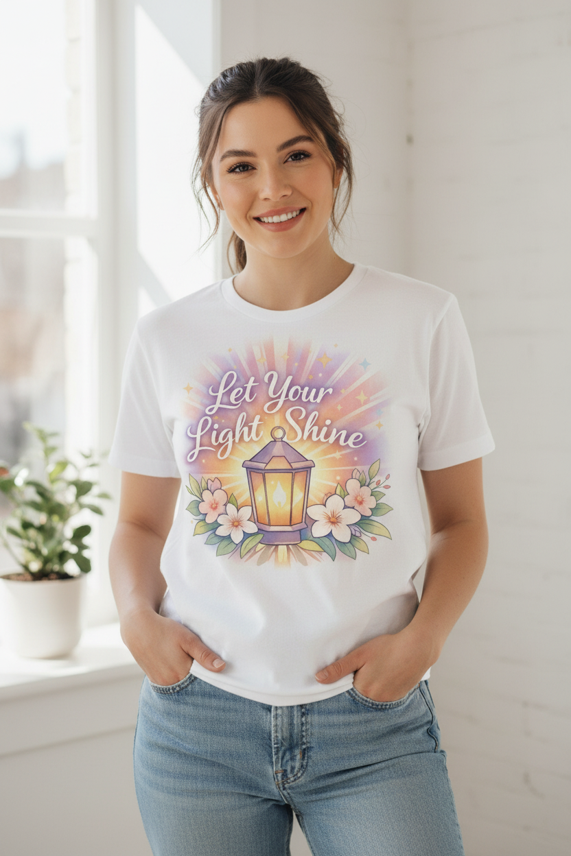 Female model wearing Let Your Light Shine white t-shirt