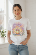 Female model wearing Let Your Light Shine white t-shirt