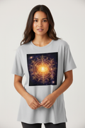 Woman wearing merkaba sacred geometry t-shirt