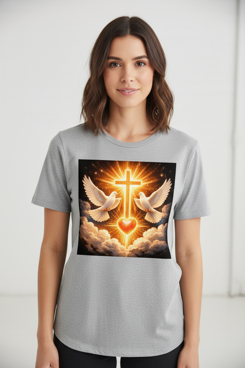 Woman wearing divine love cross and doves t-shirt