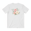 White t-shirt with a floral design on a white background