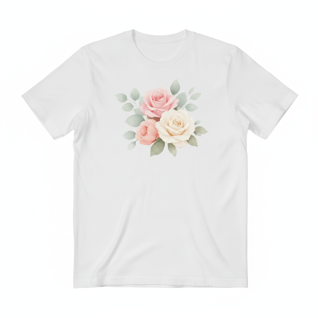 White t-shirt with a floral design on a white background