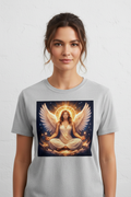 Woman wearing angel meditation spiritual t-shirt