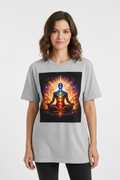 Woman wearing chakra meditation energy t-shirt