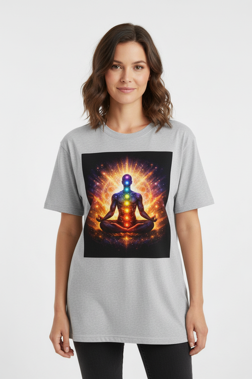 Woman wearing chakra meditation energy t-shirt