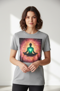 Woman wearing lotus heart chakra meditation t-shirt