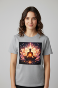 Woman wearing cosmic energy manifestation t-shirt