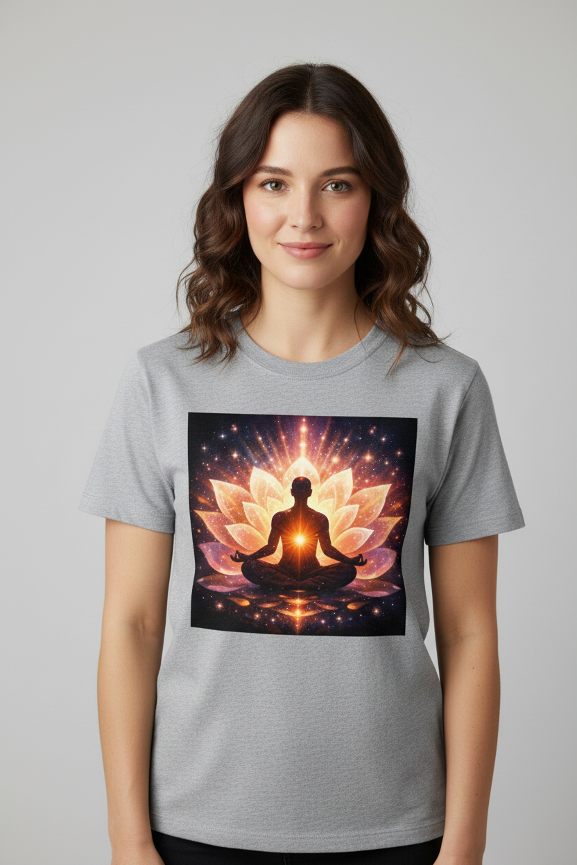 Woman wearing cosmic energy manifestation t-shirt