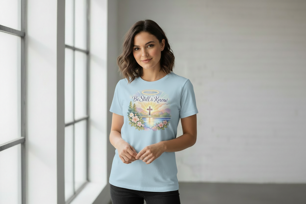 Female model wearing Be Still and Know white t-shirt