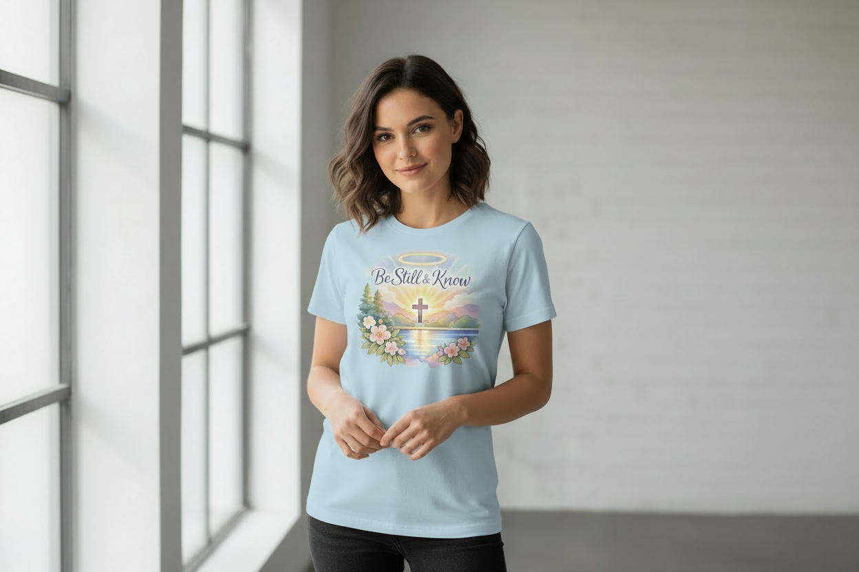 Female model wearing Be Still and Know white t-shirt