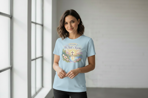 Female model wearing Be Still and Know white t-shirt