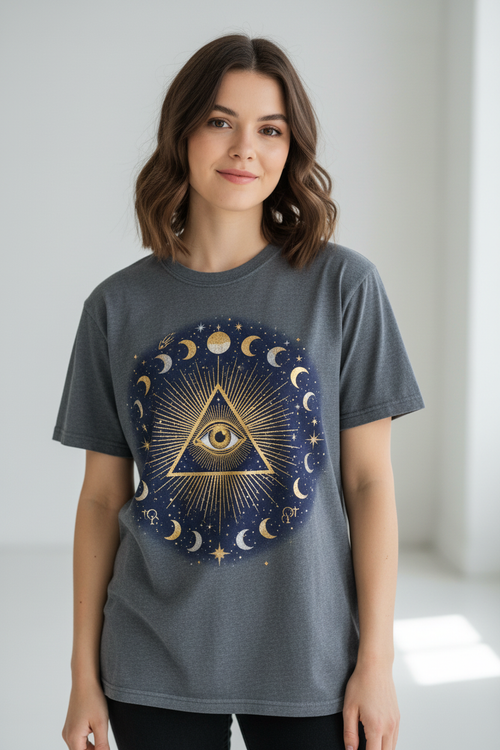 Woman wearing celestial eye spiritual t-shirt