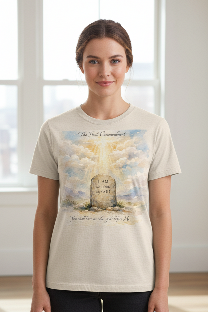 The First Commandment Beige T-Shirt on Female Model